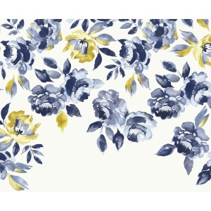 Joules Fototapete Ocean Bloom mit blau-grünen Blumen auf Creme, 300x280cm.