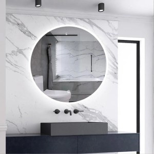 Runder Aica Sanitär Badspiegel 50 cm mit LED-Beleuchtung und Touch-Funktion im Badezimmer.
