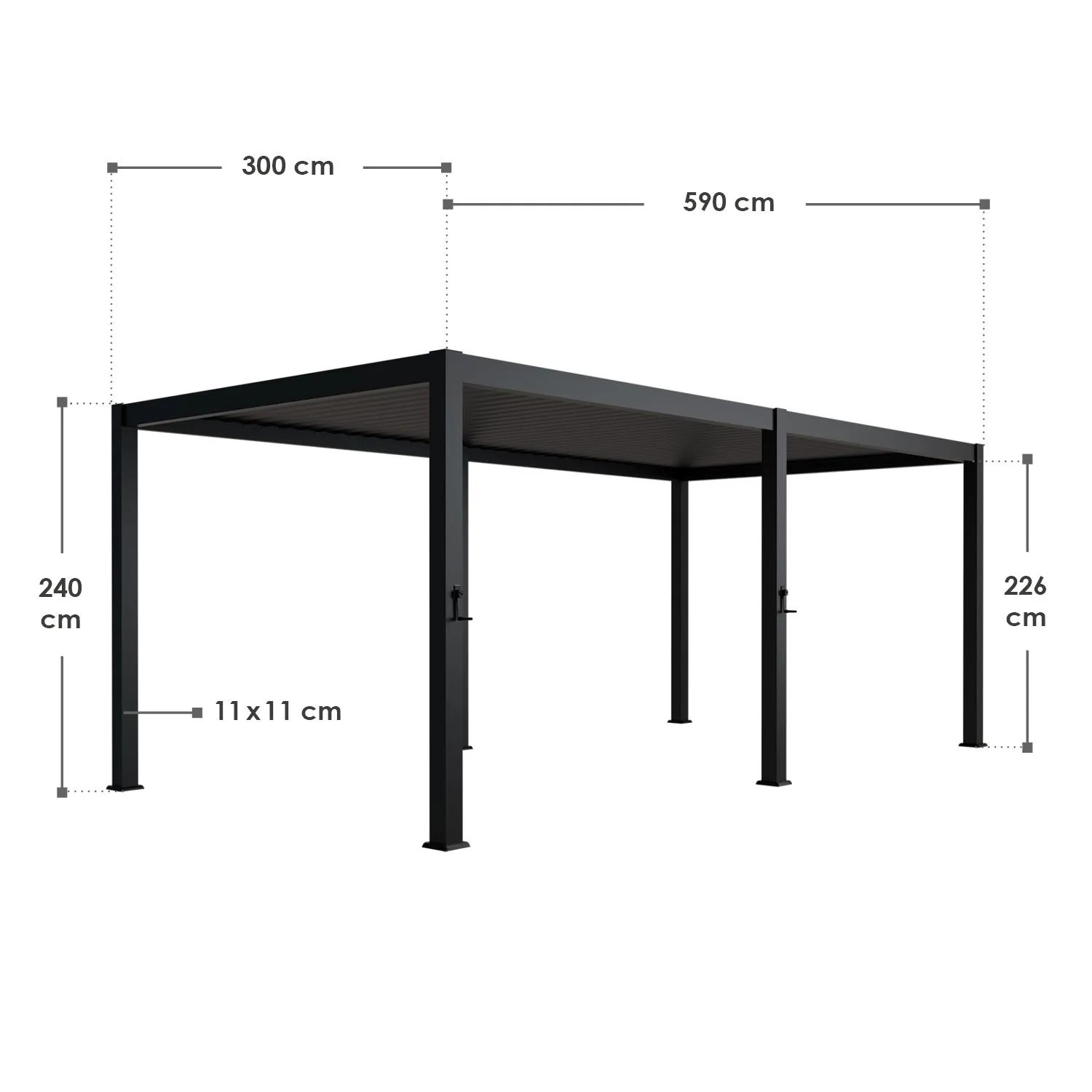 Anthrazitfarbene Juskys Pergola Lamellendach Tahiti 3 x 5,9 m mit Maßangaben.