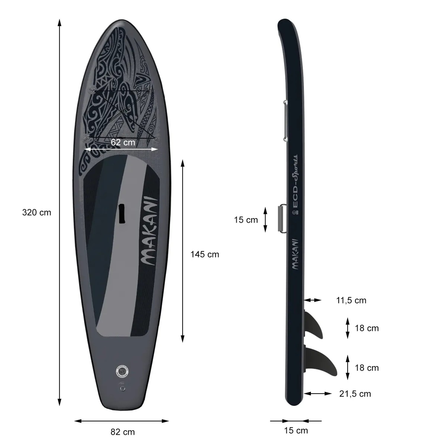 Schwarzes ECD Germany Stand Up Paddle Board Makani, 320x82x15 cm, mit Maßangaben.