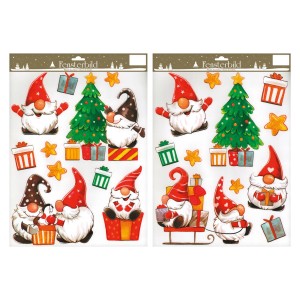 Weihnachtliche Fensterbilder, sortiert, mit bunten Motiven wie Wichteln, Tannenbäumen und Geschenken, 29x41 cm.