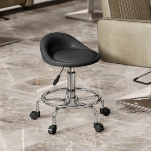 Schwarzer Rollhocker aus Kunstleder mit Metallgestell, höhenverstellbar. Ideal als Esszimmerstuhl oder Arbeitshocker.