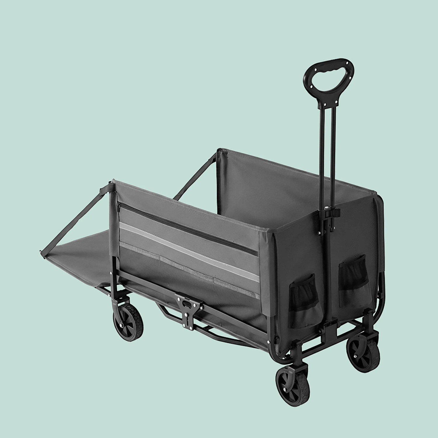 Grauer faltbarer Bollerwagen aus Stahl mit ausgeklappter Heckklappe und Teleskopgriff für Camping & Transport.