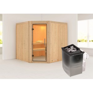 Karibu Sauna Jorma mit Ofen und integrierter Steuerung, naturbelassenes Holz, Ganzglastür.