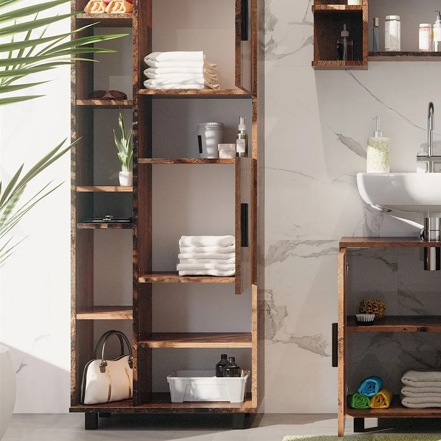 Vicco Badschrank Ilias Eiche Rustikal, 60x190 cm, mit Türen und offenen Fächern.