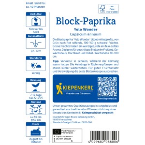 Samentüte Kiepenkerl Paprika Yolo Wonder B, Blockpaprika für Gewächshaus, Hochbeet und Kübel.