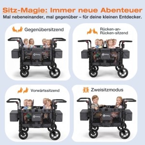 Sekey Faltbarer Bollerwagen für 4 Kinder Kinderwagen mit 4 Integrierten 5-Punkt-Gurtsystem Schwarz