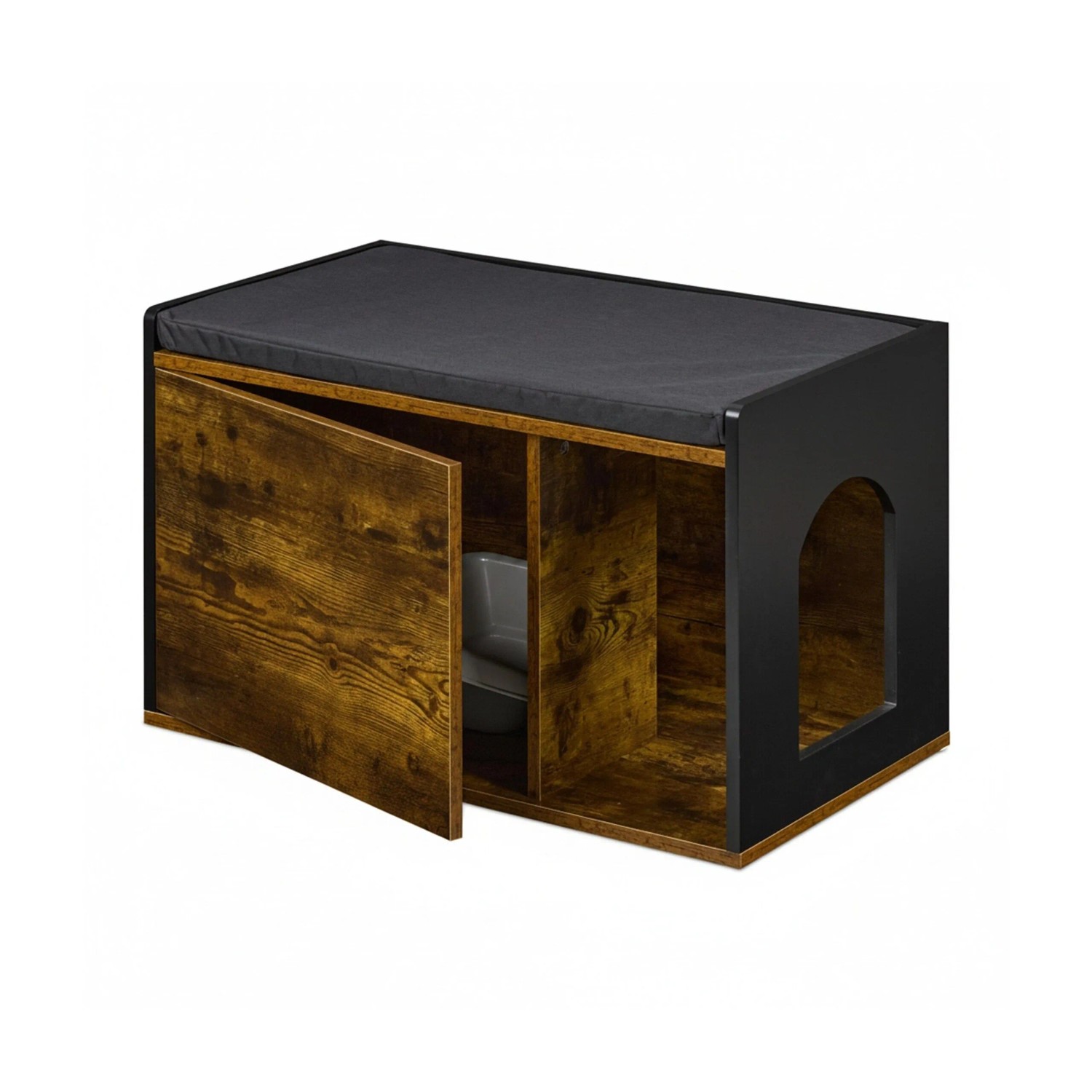Relaxdays Katzenschrank MDF Schwarz mit Sitzkissen 45,5 cm x 75 cm x 43 cm 16,8 kg