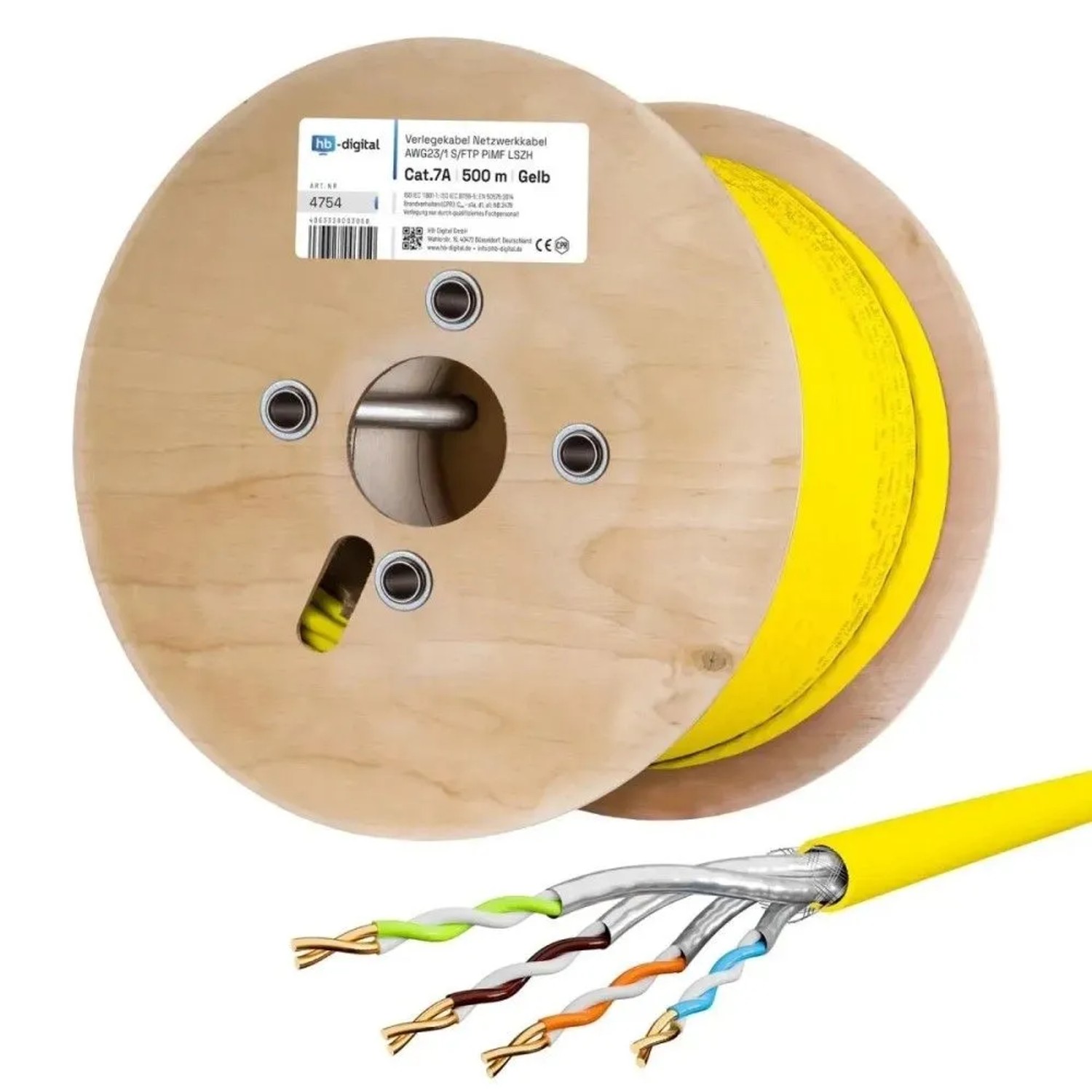 hb-digital Netzwerkkabel CAT 7a Verlegekabel max. 1200 MHz S/FTP AWG23 LSZH 500m Gelb