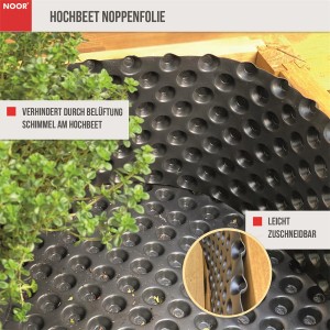 Noor Noppenfolie für Hochbeet aus Holz, schützt vor Staunässe und ist individuell zuschneidbar.