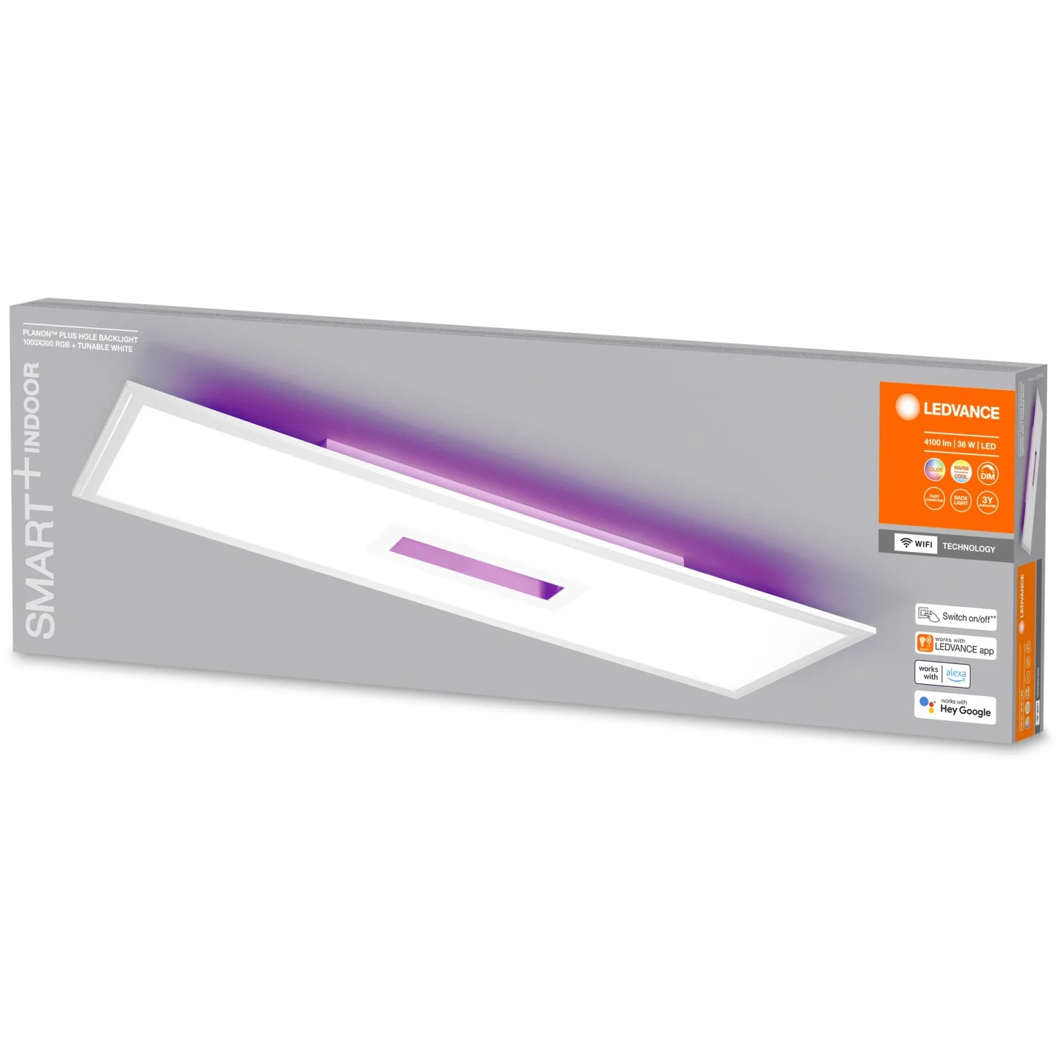 Verpackung der Ledvance Smart+ WiFi Panelleuchte Planon Plus mit RGBTW Rücklicht, 100x30 cm.