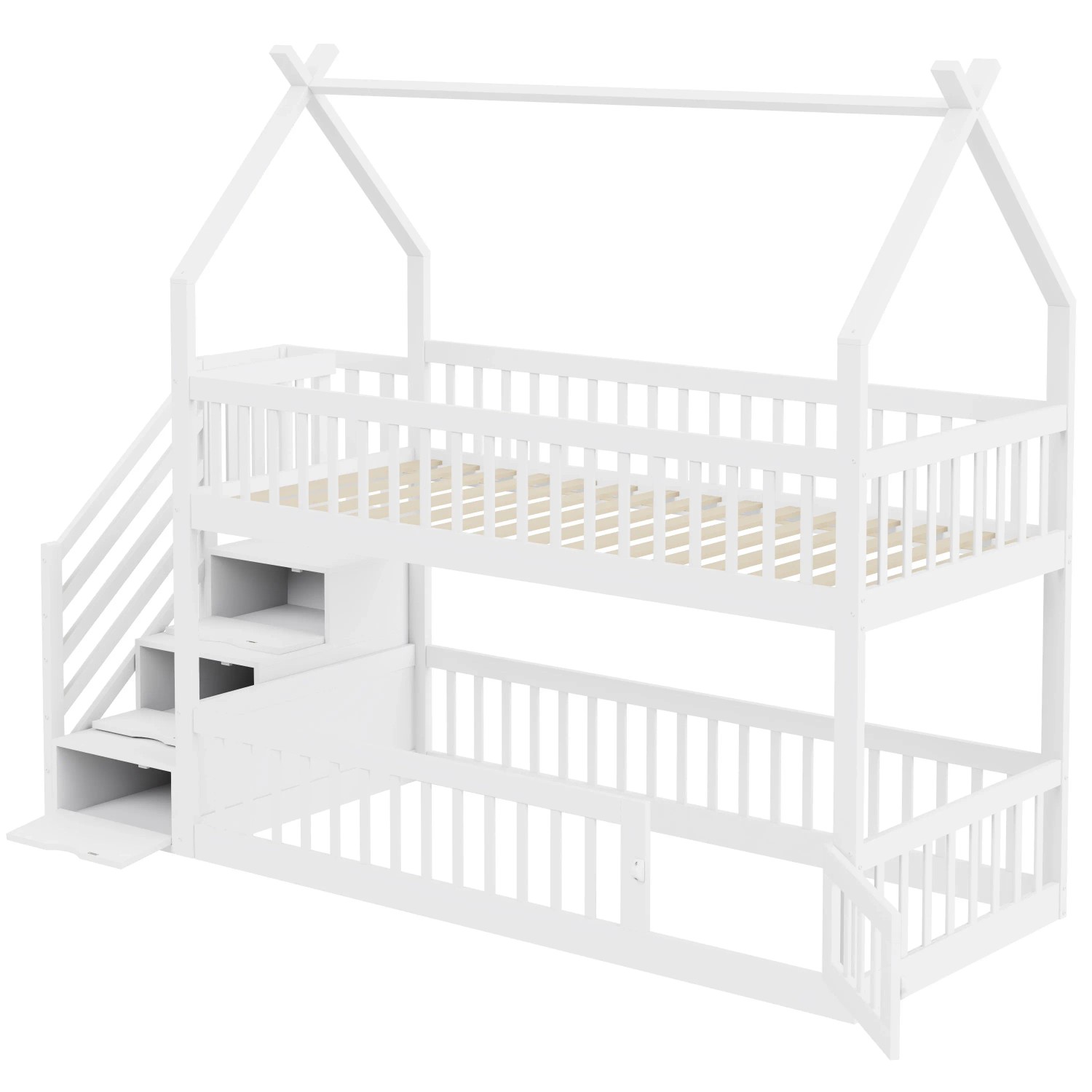 okwish Etagenbett 90x200cm mit Sicherheitstreppe und Schubladen Weiß ohne Matratze