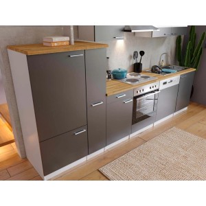 Respekta Küchenzeile 310 cm in Grau-Weiß mit Nussbaum Arbeitsplatte, ohne E-Geräte.