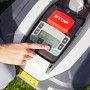 Al-Ko Robolinho 1.300 W Mähroboter: Bedienfeld mit Display und rotem Stopp-Knopf, Hand bedient Taste.
