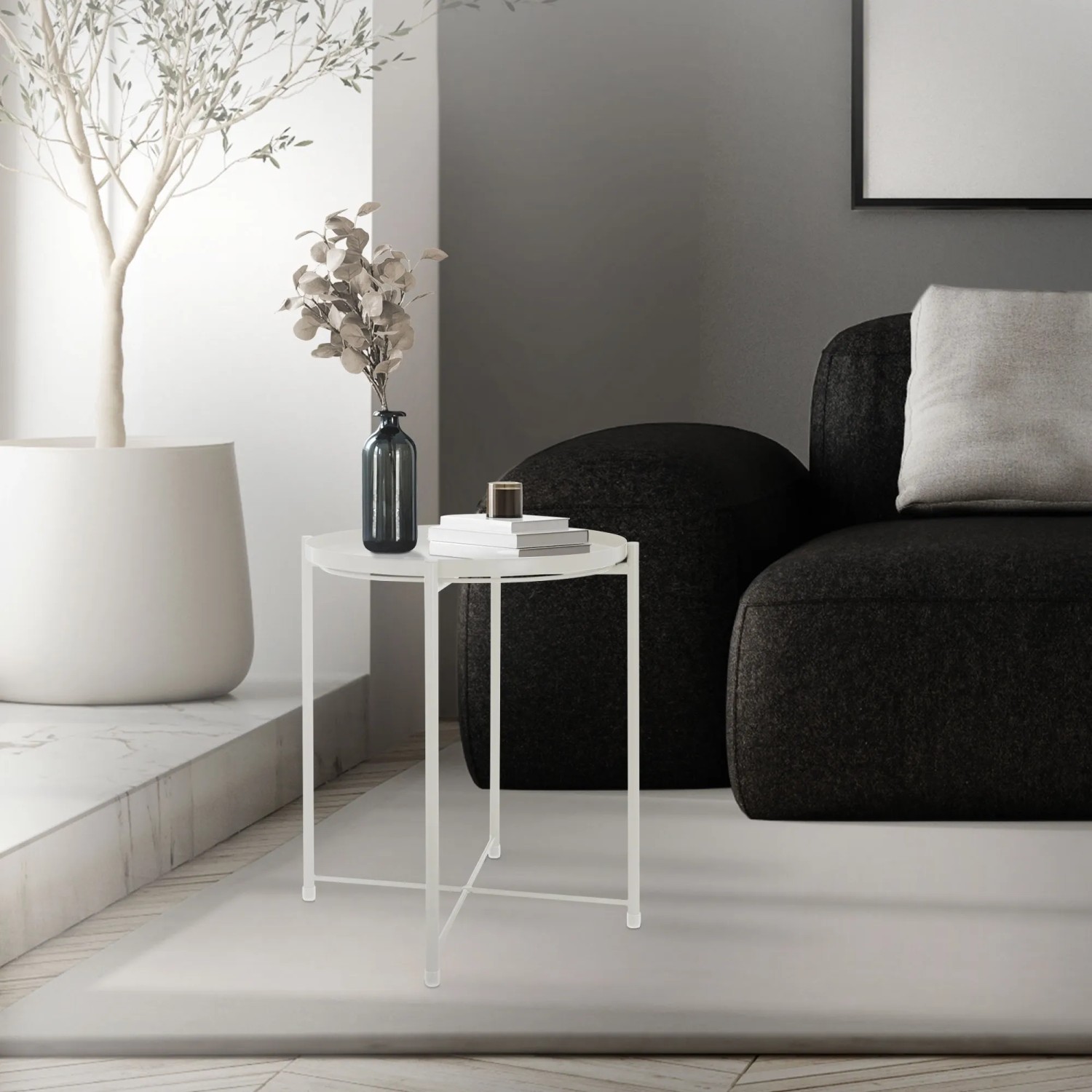 Weißer, runder ML-Design Beistelltisch mit abnehmbarem Tablett aus Metall, 45x52 cm.