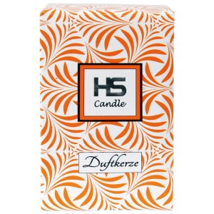 Verpackung der HS Candle Duftkerze Orange Bonbon mit weihnachtlichem Muster.