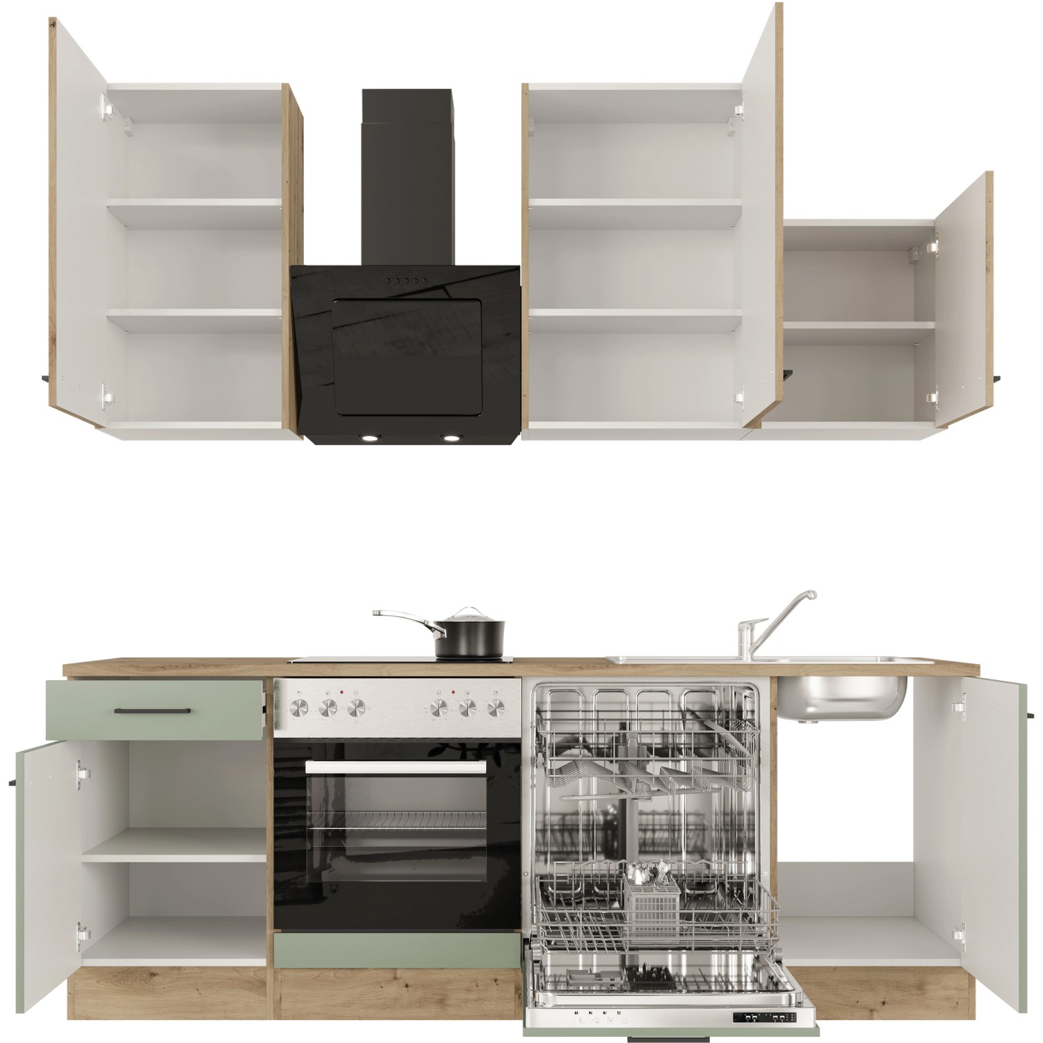 Flex-Well Küche Cara in Schilfgrün/Artisan Eiche mit E-Geräten und Spüle.