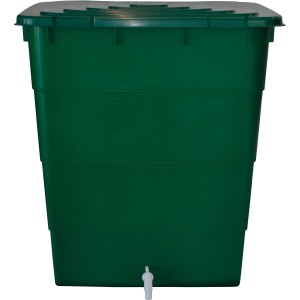 Grüne, eckige Regentonne 300 l mit Deckel und Hahn. Ideal zum Regenwassersammeln.