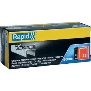 Rapid Tackerklammern 53/8 mm, 5000 Stück, in gelber Verpackung. Feindrahtklammern für Textilien.