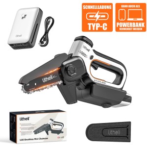 Litheli U20 Akku-Kettensäge mit Akku und Powerbank Funktion. Kompakte Einhandsäge für Gartenarbeiten.