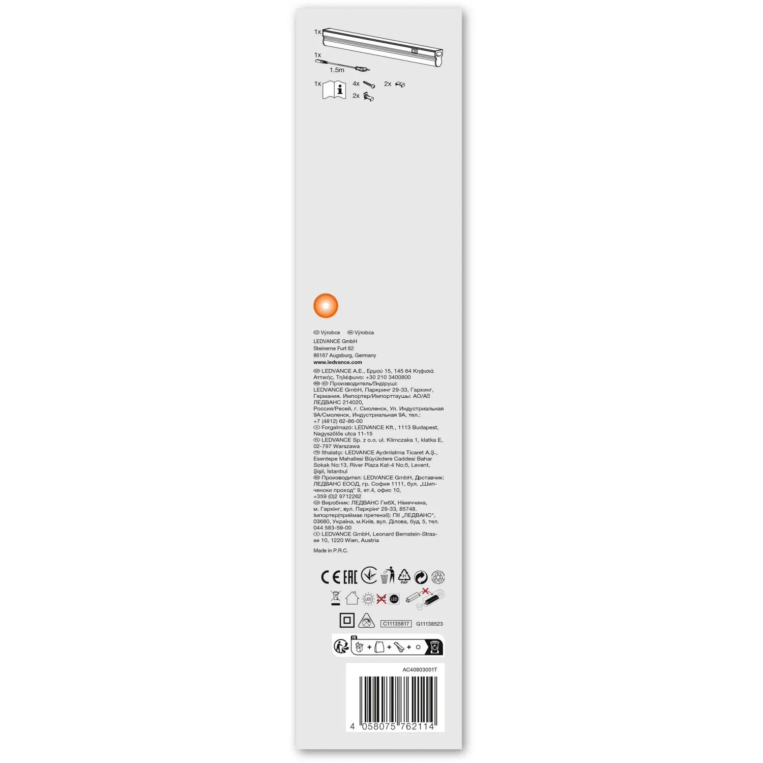 Verpackung der Ledvance LED-Unterbauleuchte Batten Sensor, 32 cm, mit Montagehinweisen und Herstellerinformationen.
