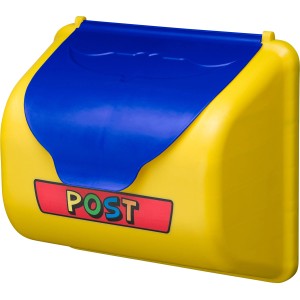 SwingKing Briefkasten, gelb mit blauem Deckel, für Gartenspielgeräte.