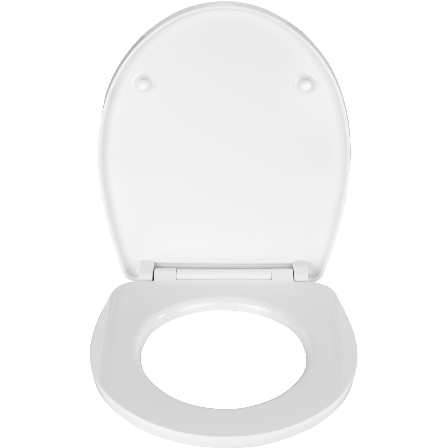 Weißer Wenko WC-Sitz Spa aus Acryl mit Absenkautomatik, geöffnet.