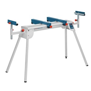 Bosch Professional Untergestell GTA 2600 für Kapp- und Gehrungssägen. Silbernes Stahlgestell mit blauen, verstellbaren Auflagen.
