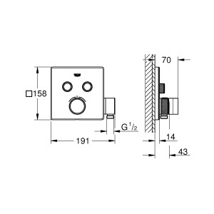 Technische Zeichnung: Grohe Grohtherm SmartControl Thermostat mit Absperrventilen und Brausehalter.