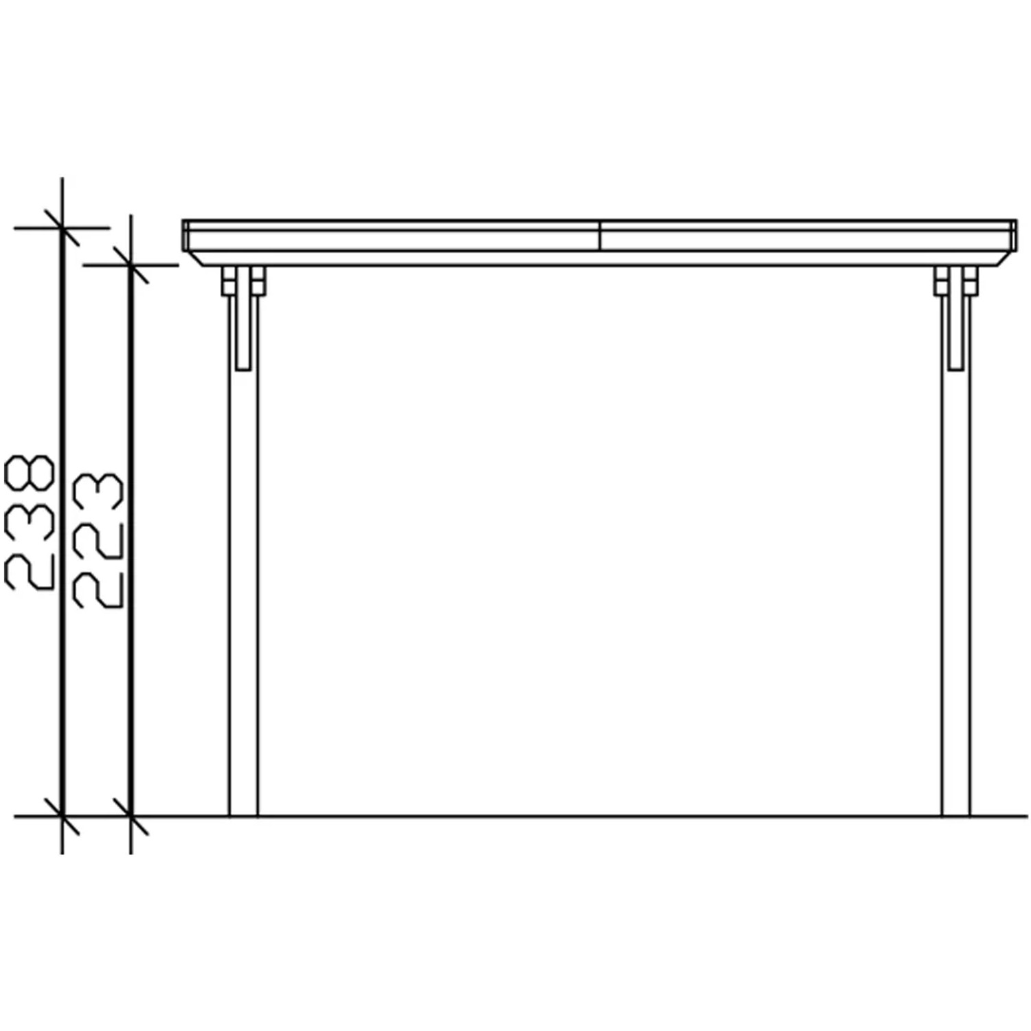 Technische Zeichnung: Skan Holz Carport Emsland, 354x604 cm, weiße Leimholz-Konstruktion mit Höhenangaben.