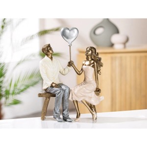 Gilde Deko-Figur Paar bronzefarben, Mann und Frau sitzen mit silbernem Herzballon. Kunstharz Skulptur, 24,5 cm hoch.
