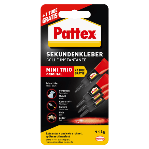 Pattex Sekundenkleber Mini-Trio, 3 Tuben á 1g. Flüssigkleber für schnelle Reparaturen im Haushalt & Modellbau.