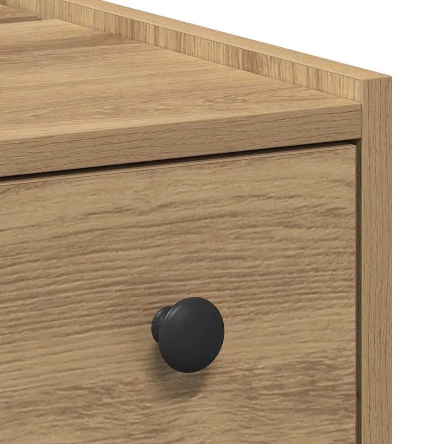 Detailaufnahme: Schmaler Badschrank in Artisan-Eiche mit Schublade und schwarzem Knopf.