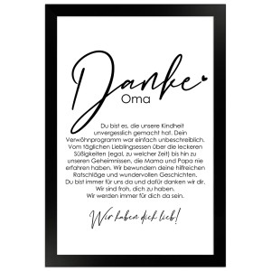 Gerahmtes Poster "Danke Oma" (20x30 cm) mit liebevoller Botschaft im schwarzen Bilderrahmen.