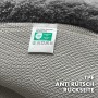 Detailaufnahme der rutschfesten Rückseite der runden, dunkelgrauen KARAT Badematte SKY, Oeko-Tex Standard 100.