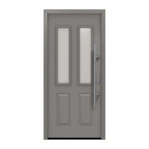 EcoStar Haustür Isopro IP 410S in Graualuminium mit zwei satinierten Glasausschnitten und Edelstahlgriff.