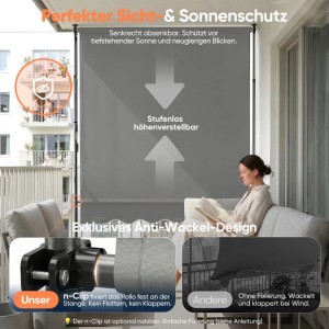 Sekey Klemmmarkise für Balkon mit Kurbel ohne Bohren Sonnenschutz UV-beständig Balkonmarkise 250 x 130 cm Hellgrau