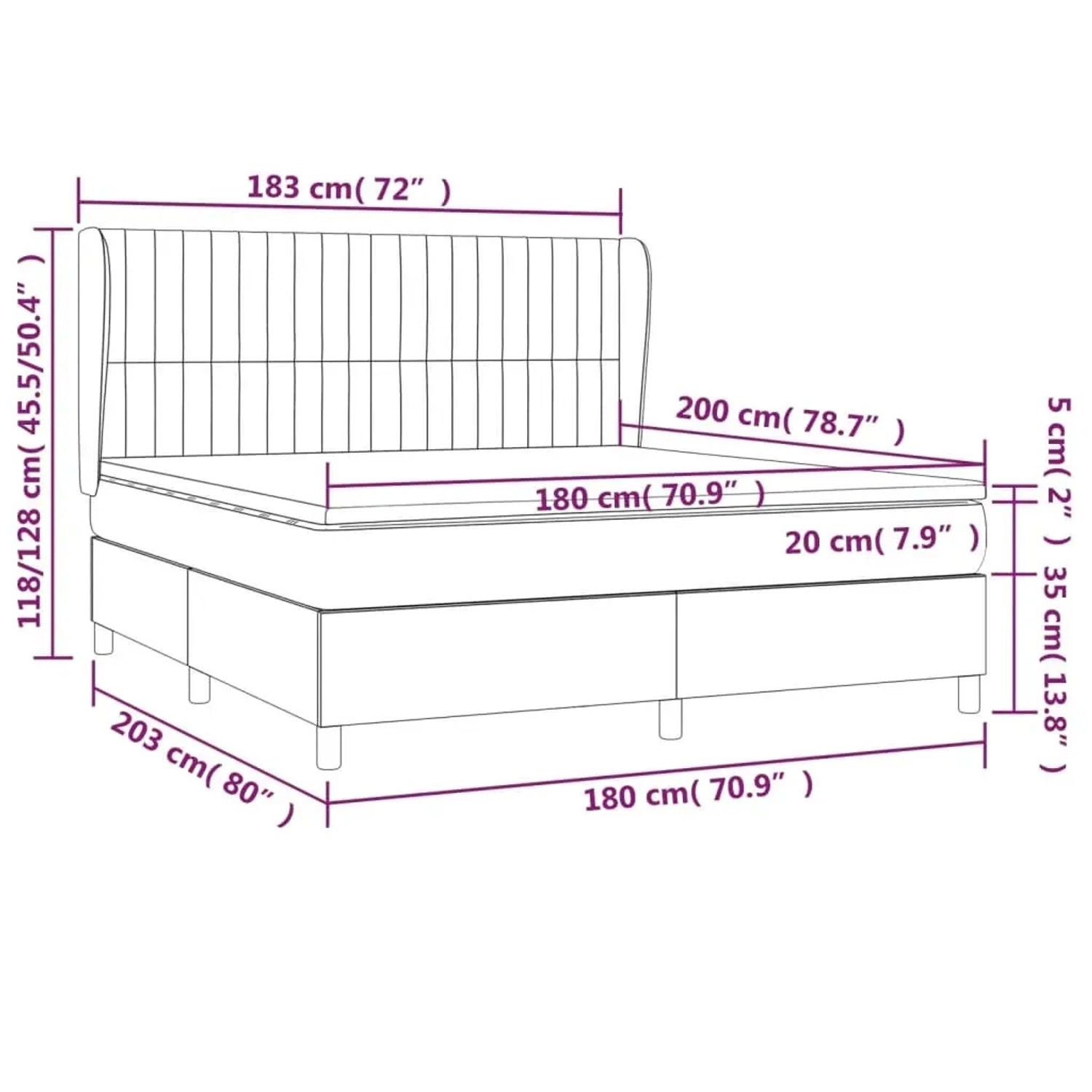 vidaXL Boxspringbett hellgrau 180x200 cm mit Matratze und Kopfteil, Stoff