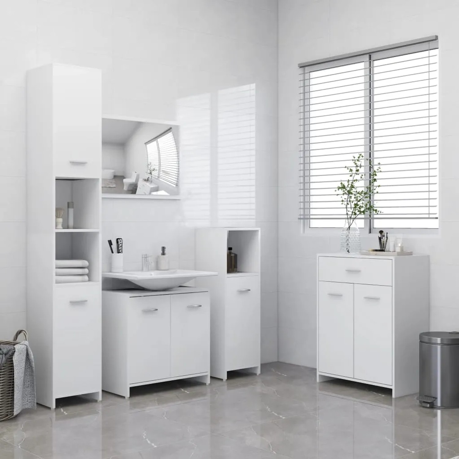 Weißes vidaXL Badmöbel-Set mit Waschbeckenunterschrank, Hochschrank und Seitenschrank.