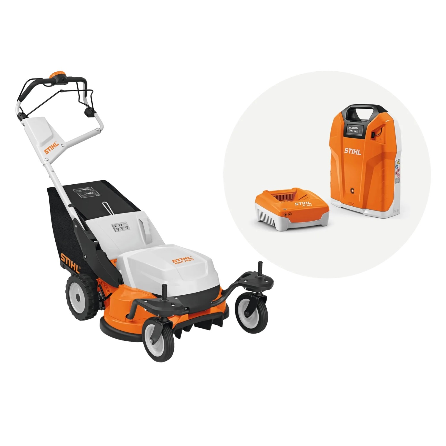Stihl Akku-Rasenmäher-Set RMA 765 V mit AR 3000 L und AL 501 Orange-Grau