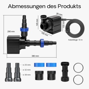 Sunsun Ctm-16000 Teichpumpe mit Maßen, Anschlüssen und Zubehör. Details zu Pumpe, Kabel und Schlauchadaptern.