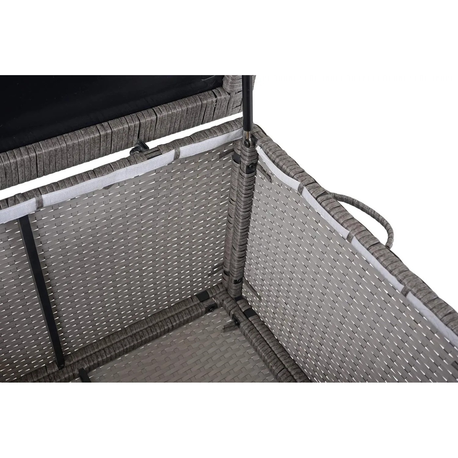 Geöffnete graue MCW Poly-Rattan Kissenbox D88 950l Premium mit Blick ins Innere.