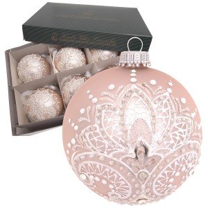 6er-Set rosa Krebs Glas Lauscha Weihnachtskugeln (8cm) mit weißer Stickoptik.