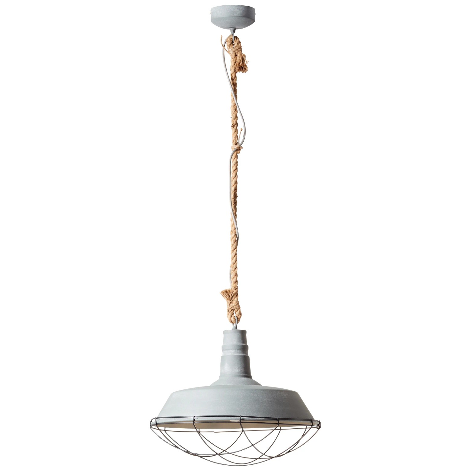 Betongraue Brilliant Pendelleuchte Rope mit Seilaufhängung und Metallschirm mit Käfig.