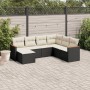 Schwarze 7-tlg. vidaXL Garten-Sofagarnitur aus Poly Rattan mit cremefarbenen Kissen.