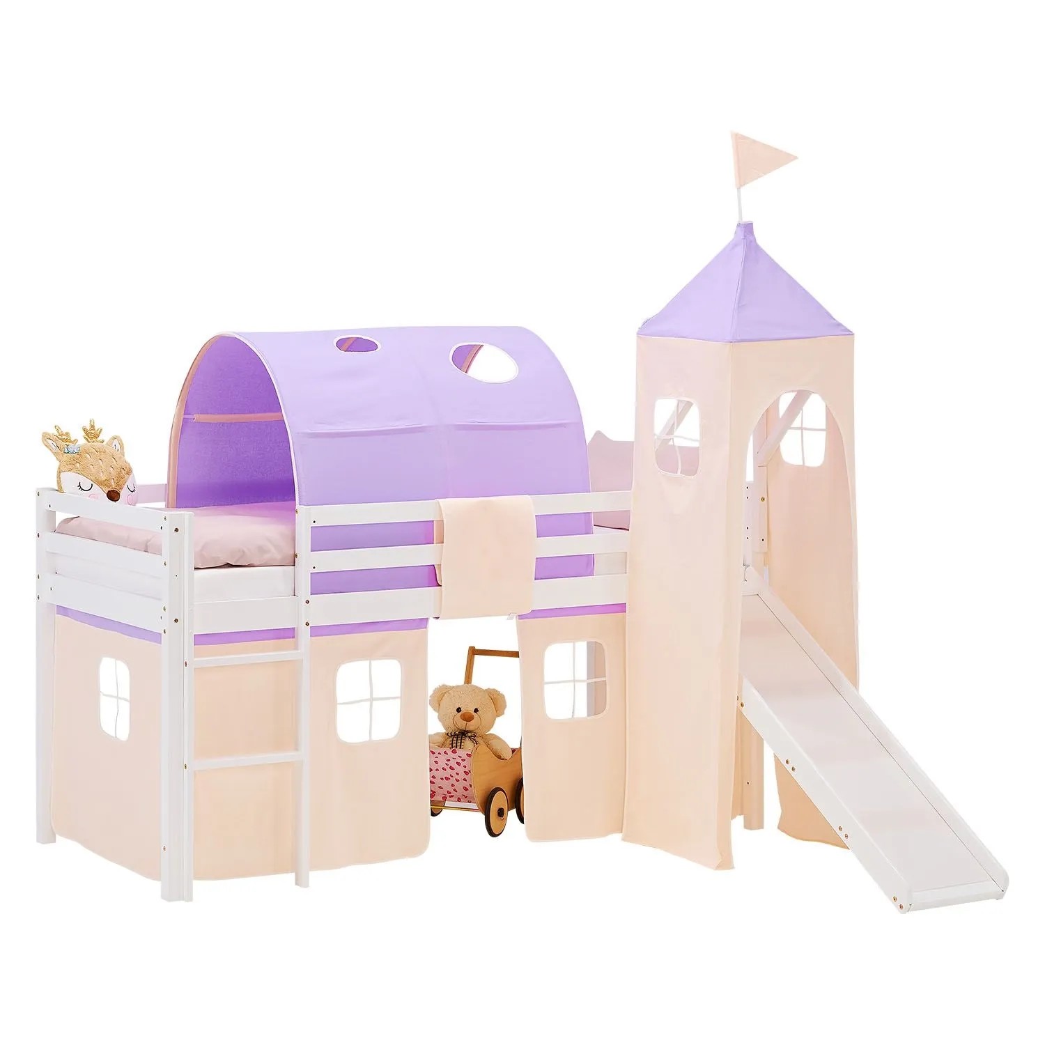 Homestyle4u Kinder Hochbett 90x200 Rutsche Kinderbett mit Matratze