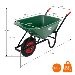 Grüne ECD Germany Gartenschubkarre mit 100L PP-Mulde und Luftrad, max. 150kg Tragkraft.
