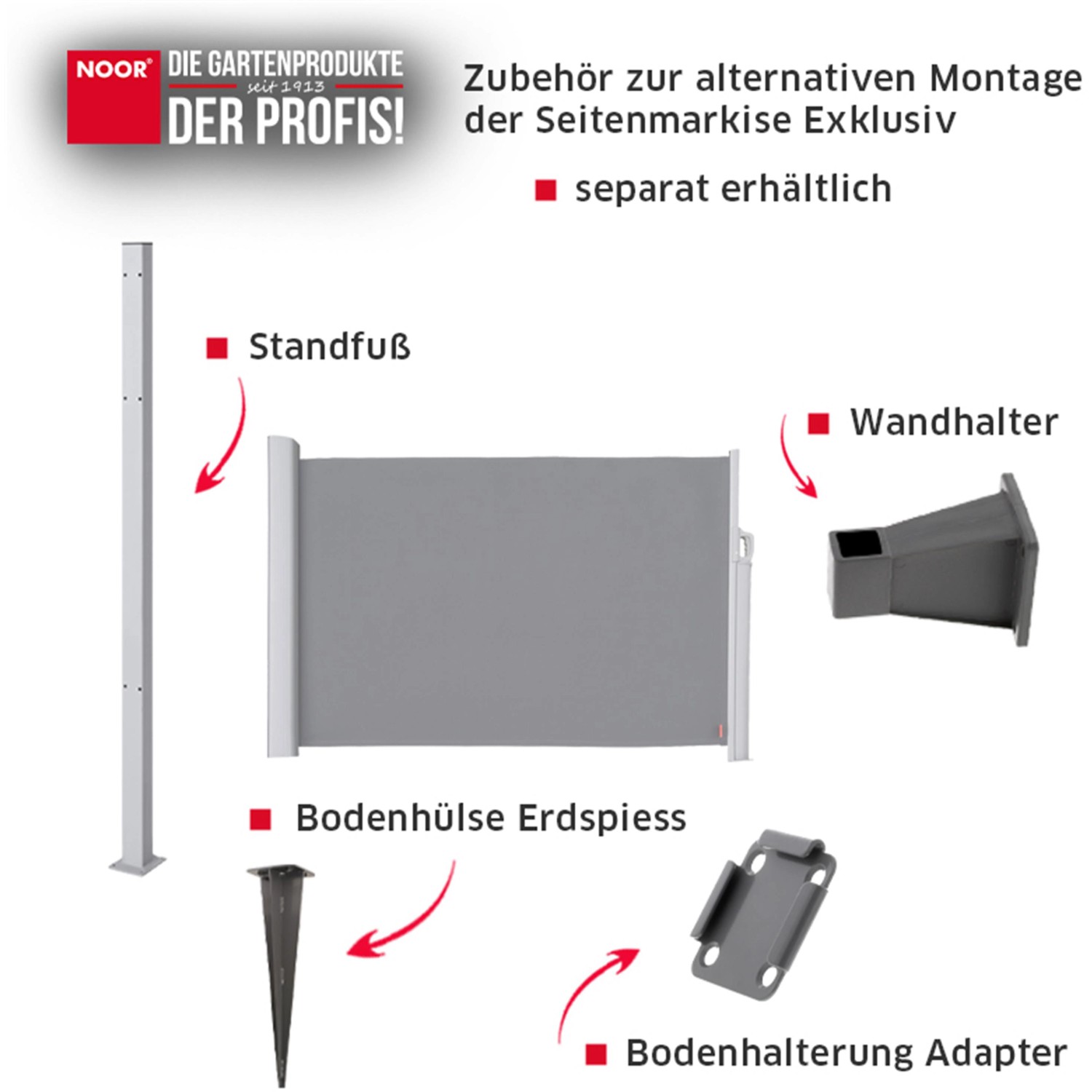 Zubehör für Noor Seitenmarkise Exklusiv: Standfuß, Wandhalter, Bodenhülse und Bodenhalterung.