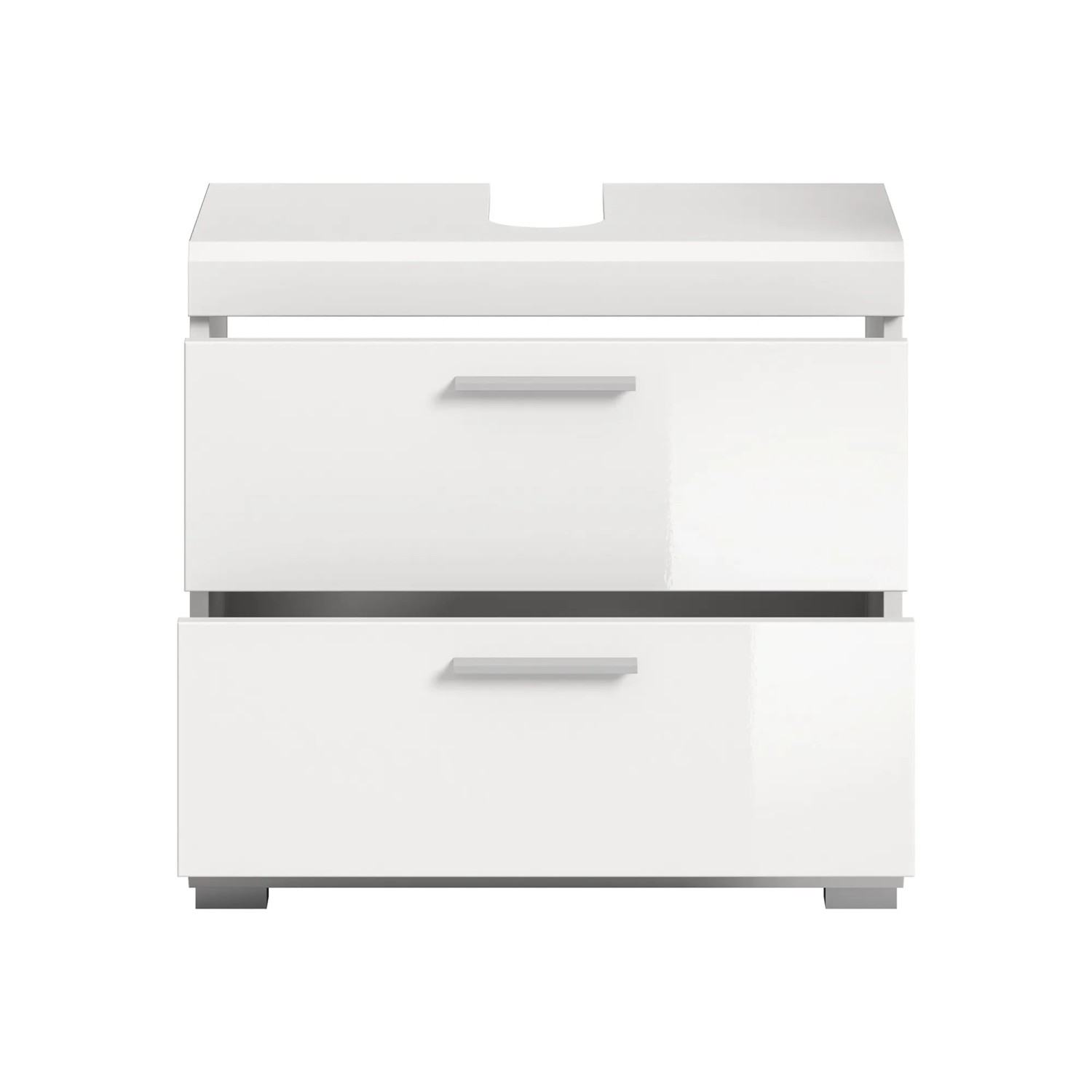 Weißer Hochglanz Waschbeckenunterschrank (60cm) mit zwei Schubladen für Bad & WC.