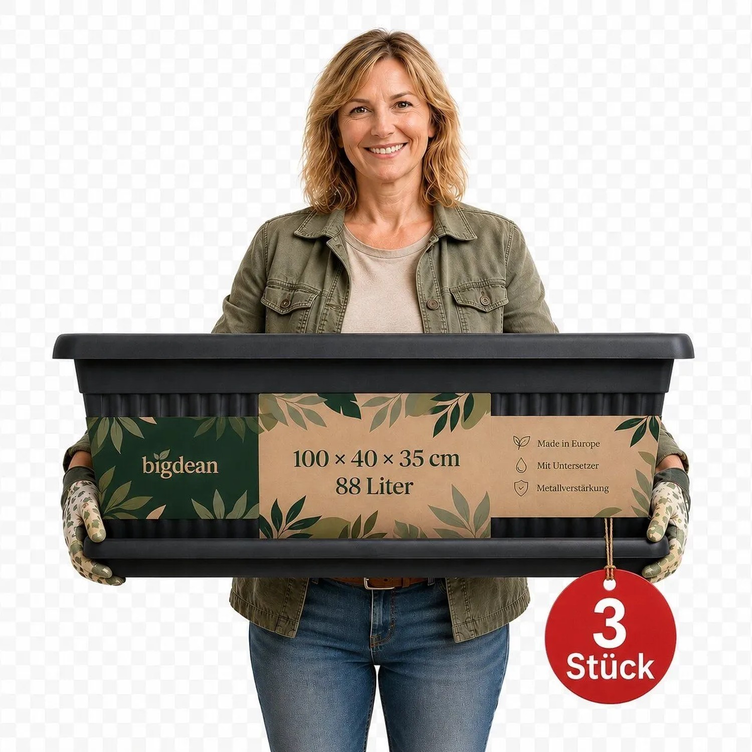 BigDean 3er Pack BigDean Blumenkübel Jumbo 100x40x35cm 88 Liter Mediterranes Design inkl Untersetzer Anthrazit